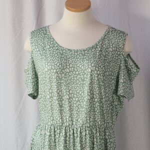 Maxi Dress Cold Shoulder Green Print Short Sleeve Size XXL